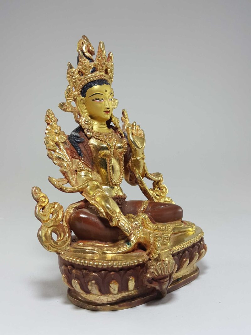 Buddhist Statue of Green Tara - Partly Fire Gold Plated, Painted Face, Good Quality - Image 2