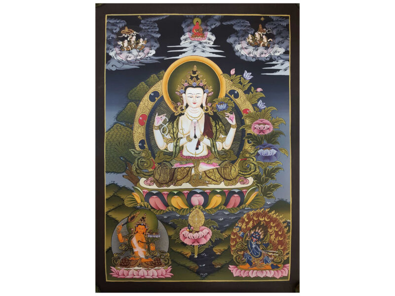 Tibetan Thangka of Bodhisattva Set - Chenrezig, Manjushri, Vajrapani (Chana Dorje)