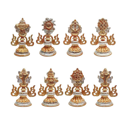 Buddhist Handmade Eight Set Tibetan Offering Set of Ashtamangala – Partly Gold Plated & Silver Plated Copper