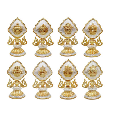 Buddhist Handmade Eight Set Tibetan Offering Set of Ashtamangala – Partly Gold Plated & Silver Plated Copper