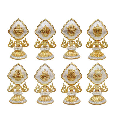 Buddhist Handmade Eight Set Tibetan Offering Set of Ashtamangala – Partly Gold Plated & Silver Plated Copper