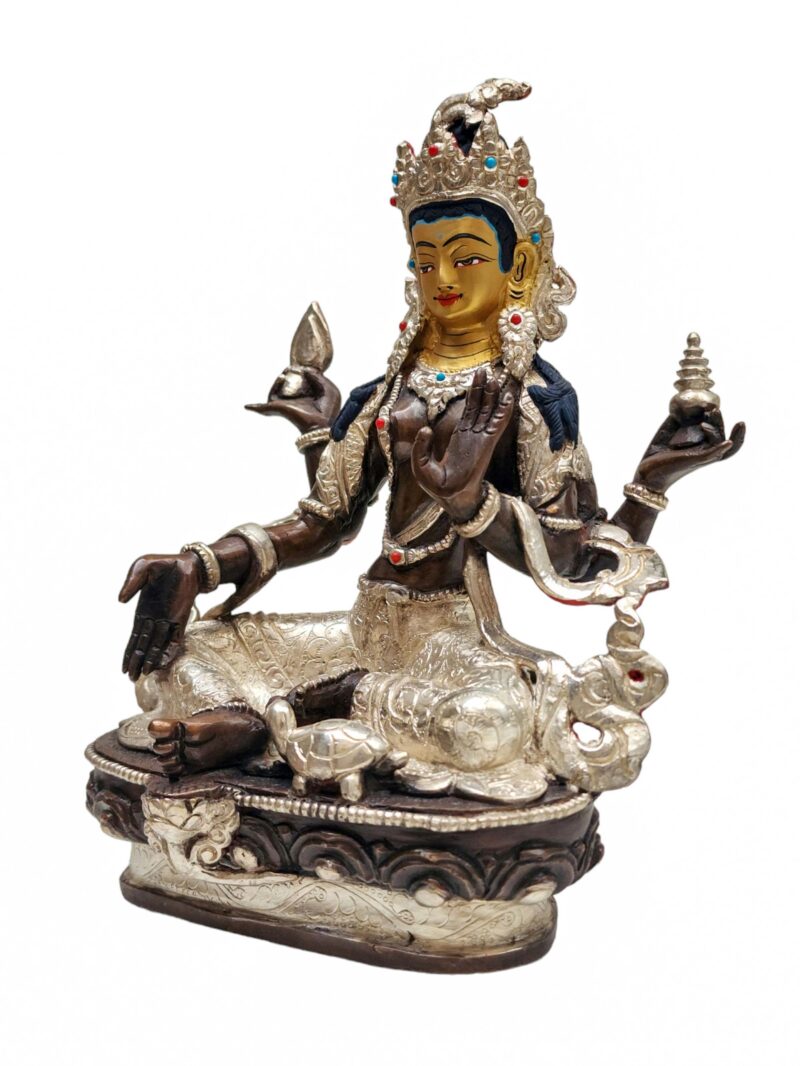 Lakshmi Buddhist Handmade Statue, Silver And Chocolate Oxidized, Wtih Face Painted - Image 4