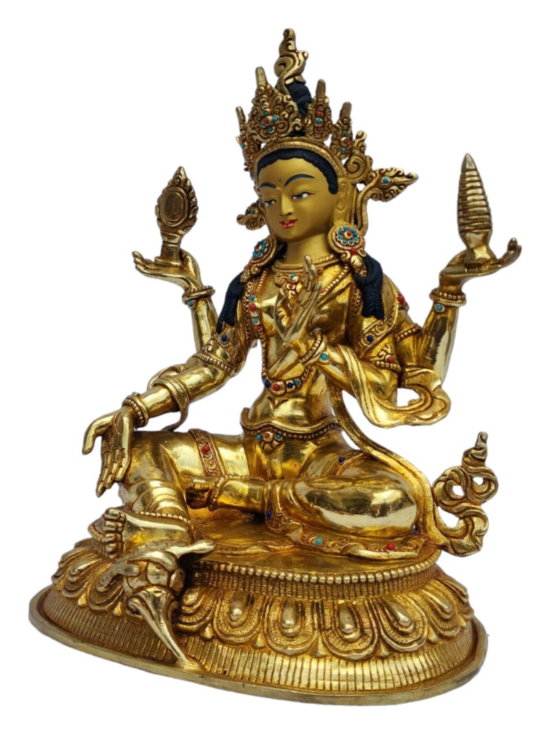 Buddhist Handmade Lakshmi Statue – Full Gold Plated with Painted Face - Image 4