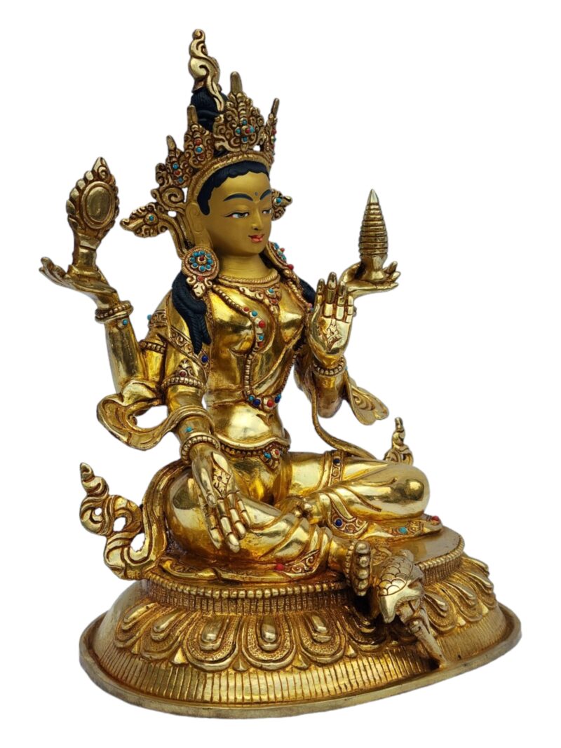 Buddhist Handmade Lakshmi Statue – Full Gold Plated with Painted Face - Image 2