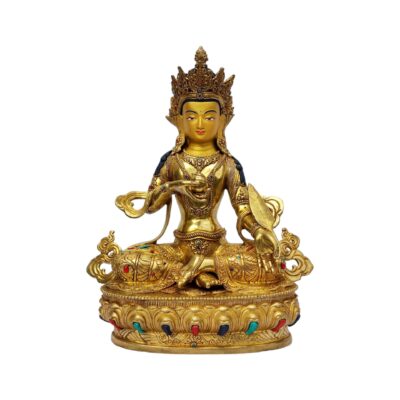 Ksitigarbha Buddhist Handmade Statue – Full Gold Plated, Painted Face, Stone Setting