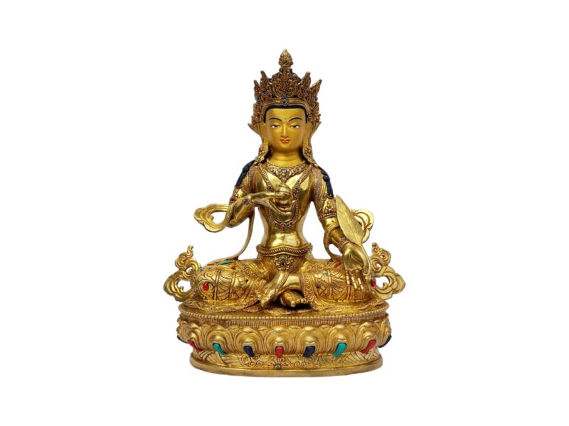 Ksitigarbha Buddhist Handmade Statue – Full Gold Plated, Painted Face, Stone Setting