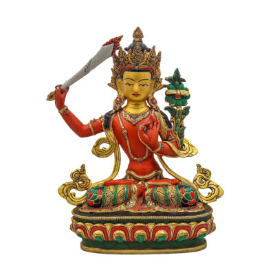 Manjushri Buddhist Handmade Statue – Partly Gold Plated, Stone Setting, Face Painted, and Traditional Color Finishing