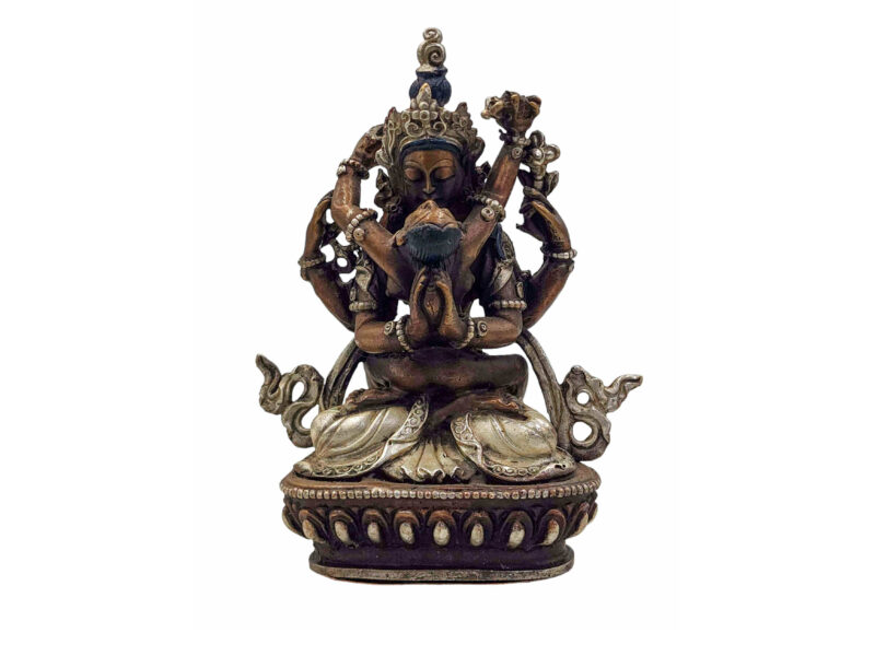 Chenrezig (Avalokiteshvara) Buddhist Miniature Statue – Silver & Chocolate Oxidized Copper