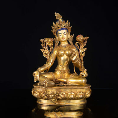 Green Tara: Buddhist Handmade Statue, Full Gold Plated, Face Painted
