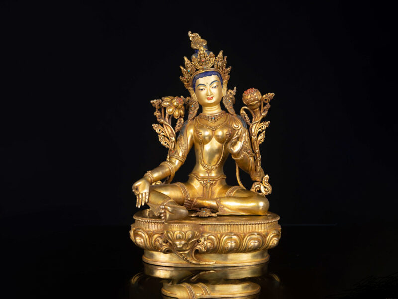 Green Tara: Buddhist Handmade Statue, Full Gold Plated, Face Painted