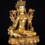 Green Tara: Buddhist Handmade Statue, Full Gold Plated, Face Painted - Image 2