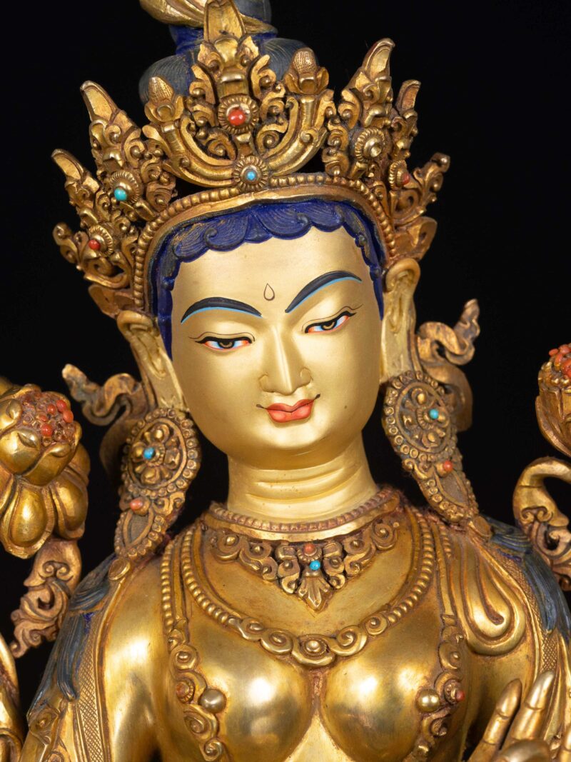 Green Tara: Buddhist Handmade Statue, Full Gold Plated, Face Painted - Image 4