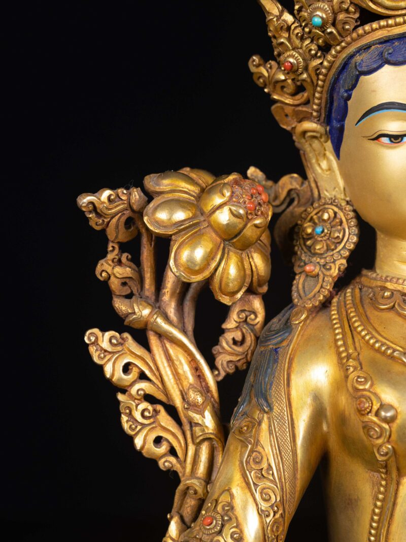 Green Tara: Buddhist Handmade Statue, Full Gold Plated, Face Painted - Image 3