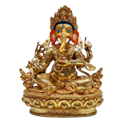 Ganesh: Tibetan Buddhist Handmade Statue, Gold Plated, Painted Face