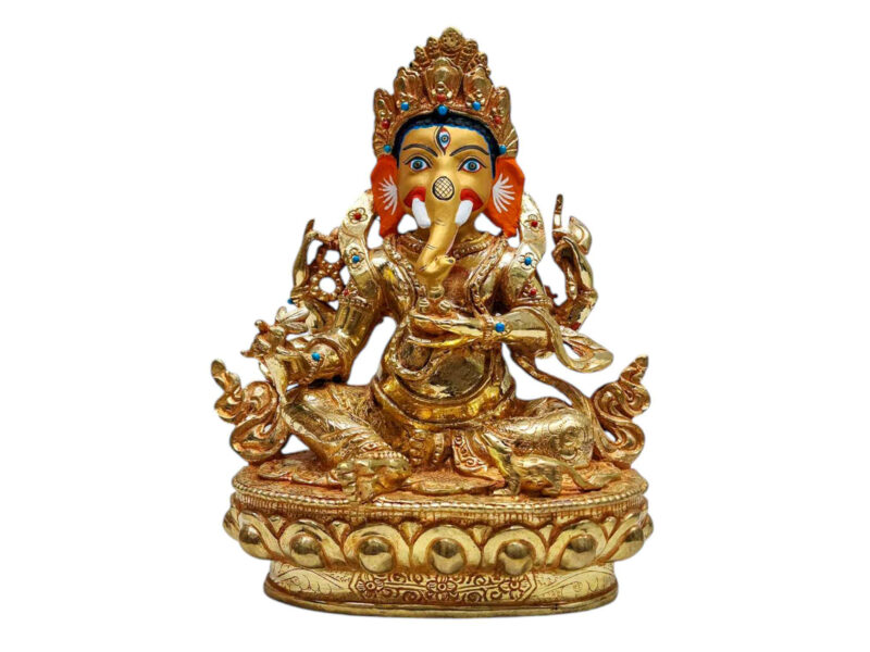 Ganesh: Tibetan Buddhist Handmade Statue, Gold Plated, Painted Face