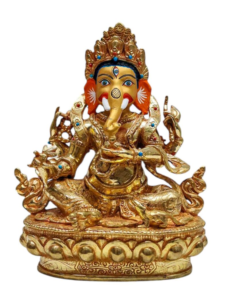 Ganesh: Tibetan Buddhist Handmade Statue, Gold Plated, Painted Face - Image 3