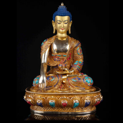 Shakyamuni Buddha: Buddhist Handmade Statue, Full Gold Plated, Face Painted And Stone Setting