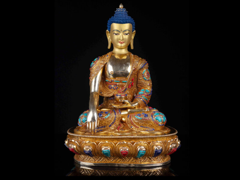 Shakyamuni Buddha: Buddhist Handmade Statue, Full Gold Plated, Face Painted And Stone Setting