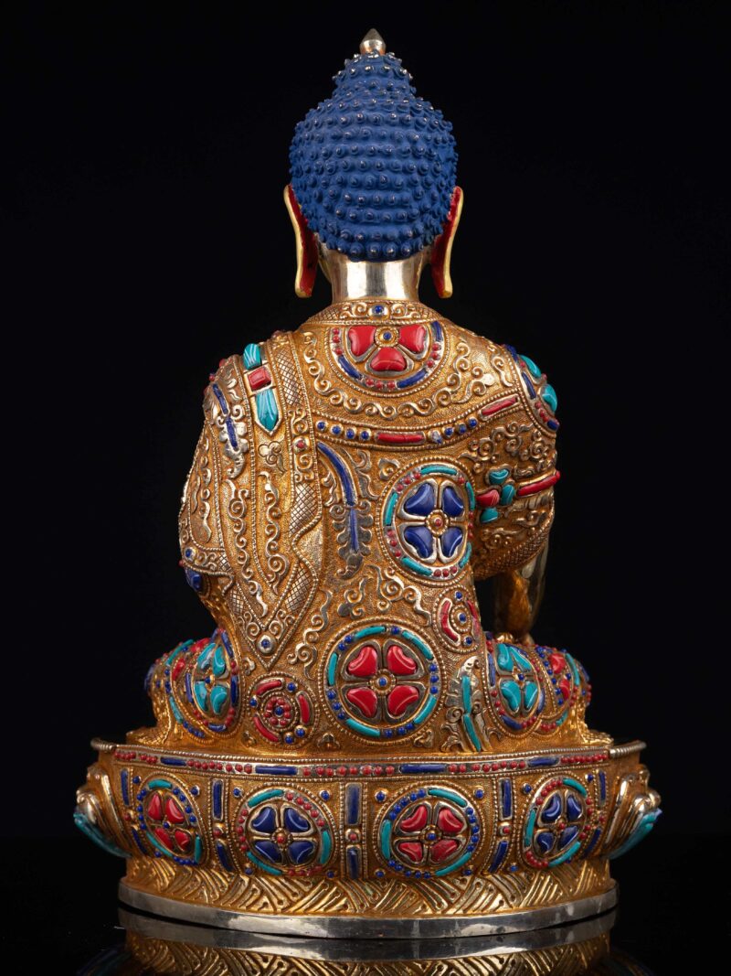Shakyamuni Buddha: Buddhist Handmade Statue, Full Gold Plated, Face Painted And Stone Setting - Image 6