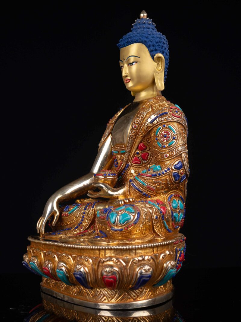 Shakyamuni Buddha: Buddhist Handmade Statue, Full Gold Plated, Face Painted And Stone Setting - Image 3