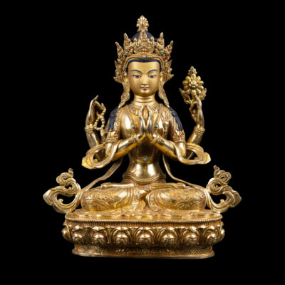 Chenrezig: Buddhist Handmade Statue, Full Gold Plated with Painted Face