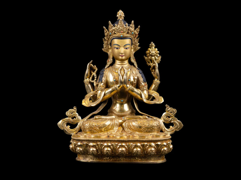 Chenrezig: Buddhist Handmade Statue, Full Gold Plated with Painted Face