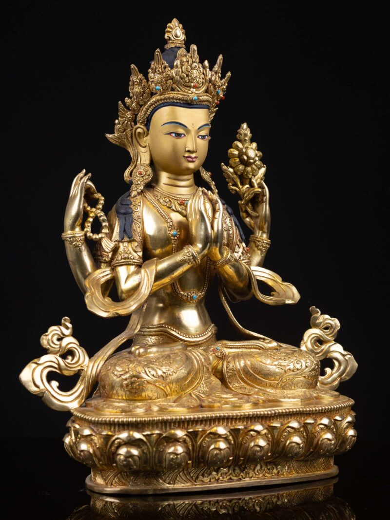 Chenrezig: Buddhist Handmade Statue, Full Gold Plated with Painted Face - Image 2