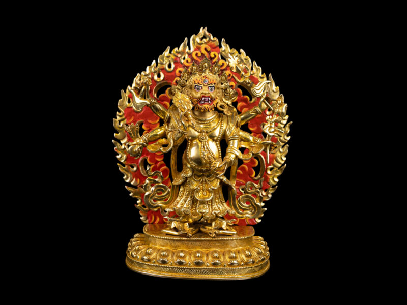 White Mahakala: Buddhist Handmade Statue, Full Gold Plated with Painted Face