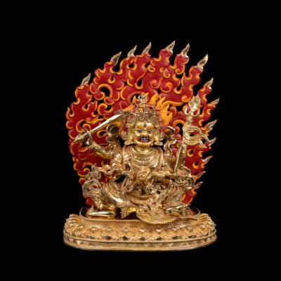 Mahakala Four Arms: Buddhist Handmade Statue, Full Gold Plated with Painted Face