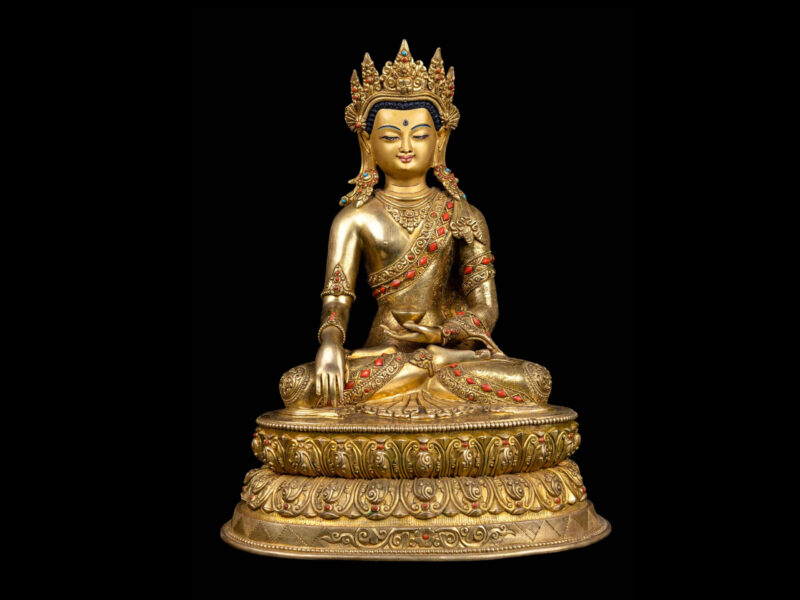 Crown Shakyamuni Buddha: Handmade Buddhist Statue, Full Gold Plated with Painted Face