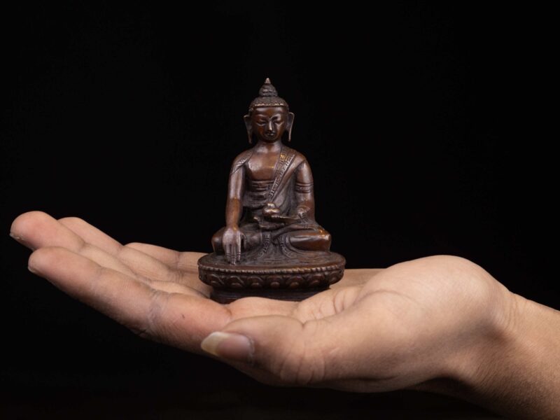 Shakyamuni Buddha: Buddhist Miniature Statue in Chocolate Oxidized Finish - Image 5