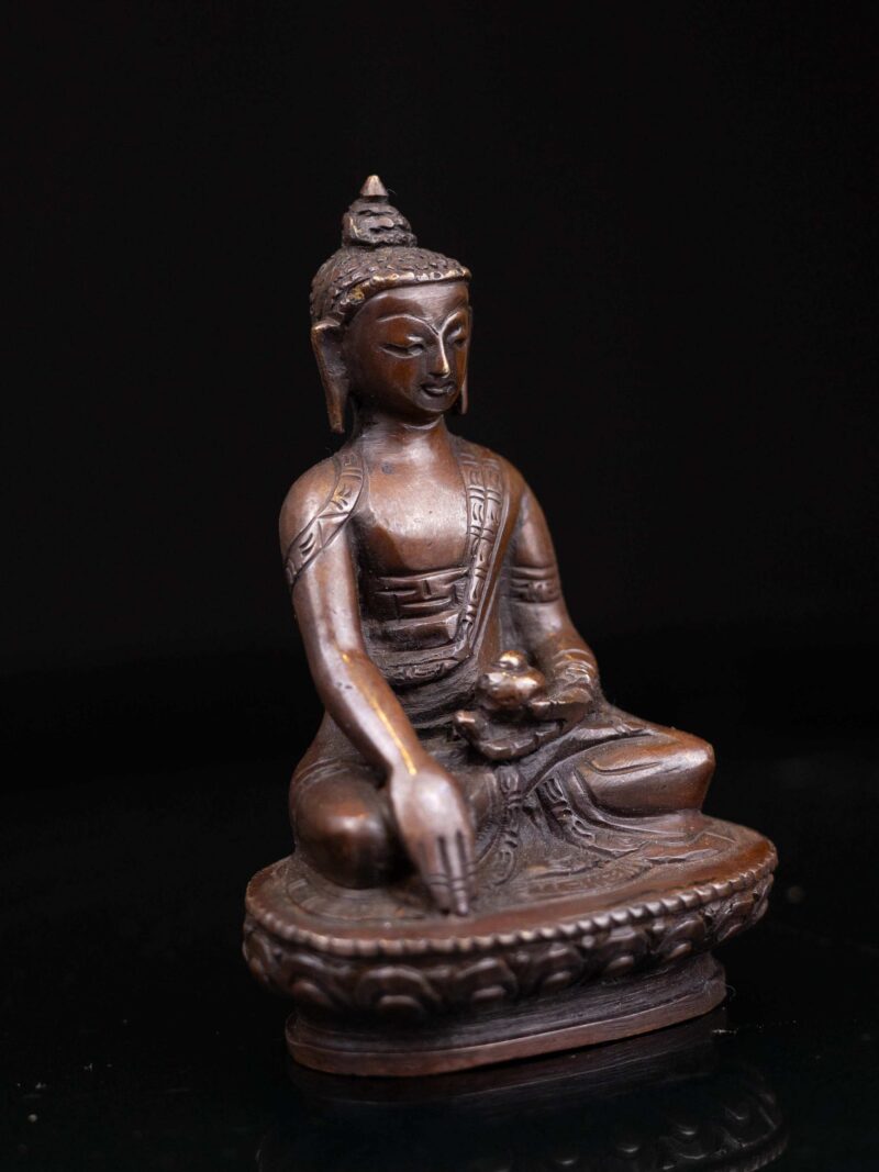 Shakyamuni Buddha: Buddhist Miniature Statue in Chocolate Oxidized Finish - Image 3