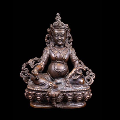 Yellow Jambhala: Buddhist Miniature Statue in Chocolate Oxidized Finish