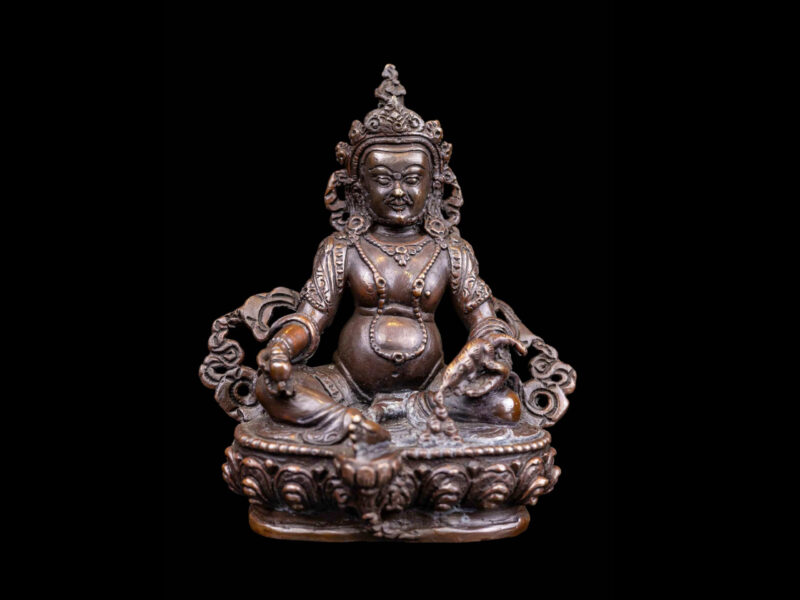 Yellow Jambhala: Buddhist Miniature Statue in Chocolate Oxidized Finish