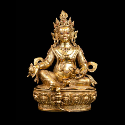 Yellow Jambhala: Buddhist Handmade Statue with Full Gold Plating and Gold-Painted Face