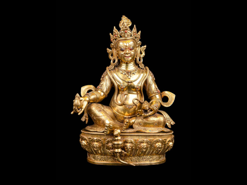 Yellow Jambhala: Buddhist Handmade Statue with Full Gold Plating and Gold-Painted Face