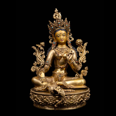 Green Tara: Buddhist Handmade Statue with Full Gold Plating and Gold-Painted Face