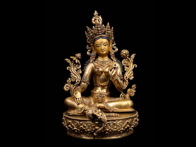 Green Tara: Buddhist Handmade Statue with Full Gold Plating and Gold-Painted Face