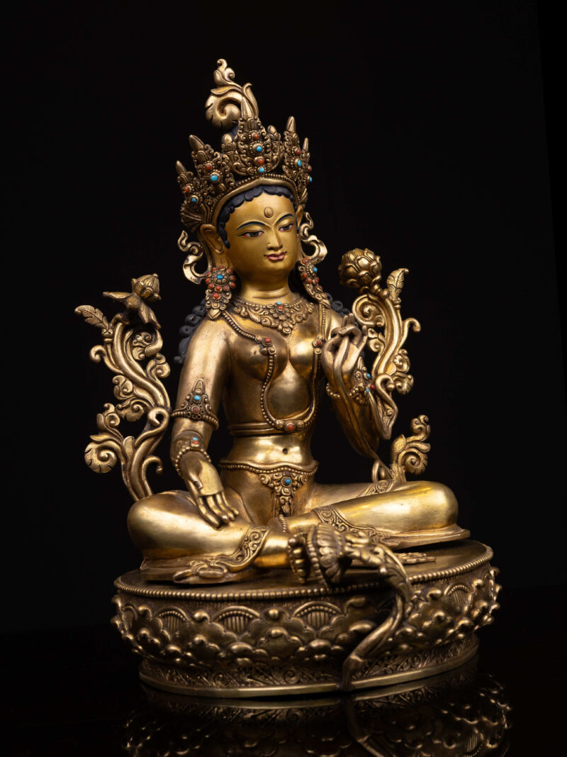 Green Tara: Buddhist Handmade Statue with Full Gold Plating and Gold-Painted Face - Image 3
