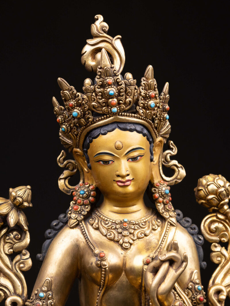 Green Tara: Buddhist Handmade Statue with Full Gold Plating and Gold-Painted Face - Image 4