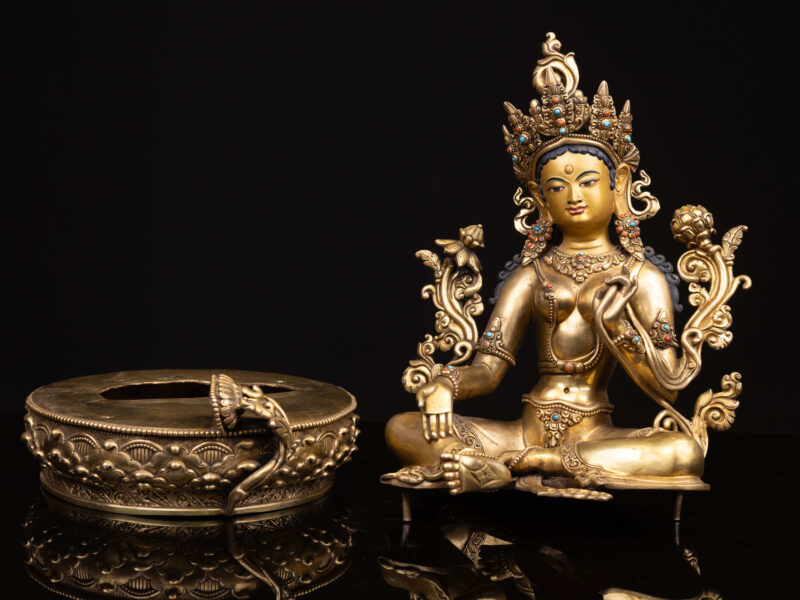 Green Tara: Buddhist Handmade Statue with Full Gold Plating and Gold-Painted Face - Image 5