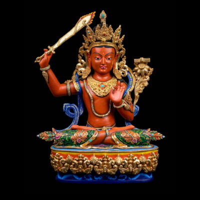 Manjushri: Buddhist Handmade Statue with Half Gold Plating and Thangka Color Finishing