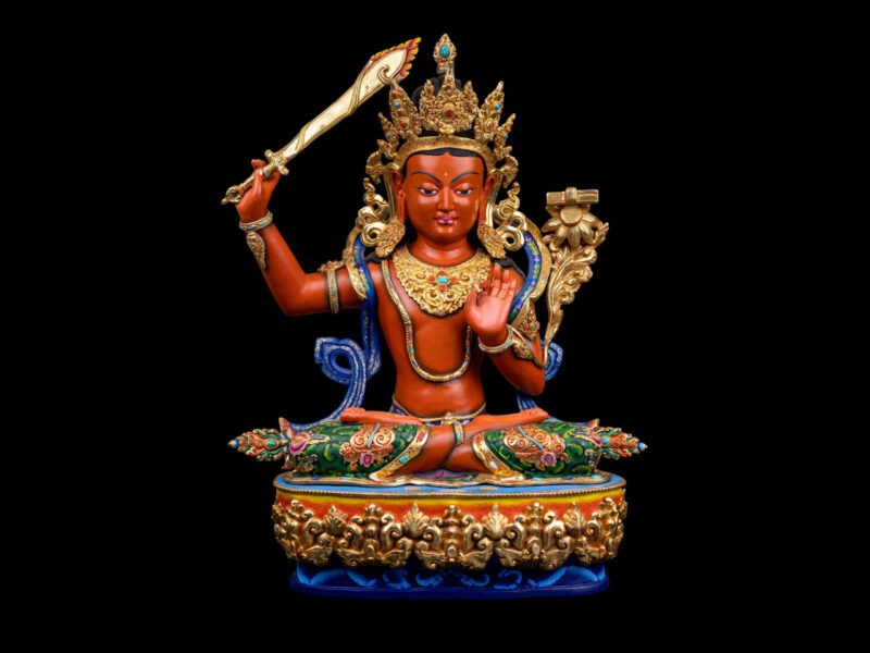 Manjushri: Buddhist Handmade Statue with Half Gold Plating and Thangka Color Finishing
