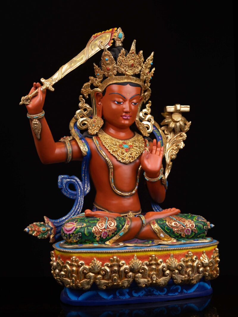 Manjushri: Buddhist Handmade Statue with Half Gold Plating and Thangka Color Finishing - Image 3