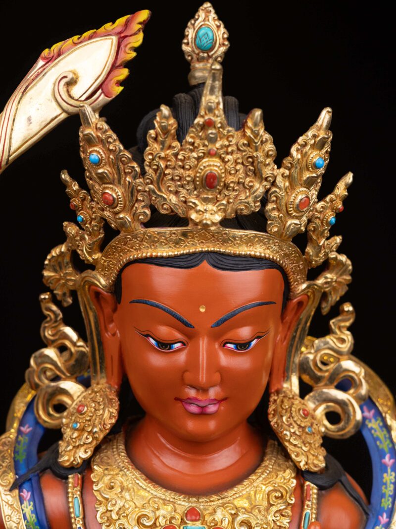Manjushri: Buddhist Handmade Statue with Half Gold Plating and Thangka Color Finishing - Image 4