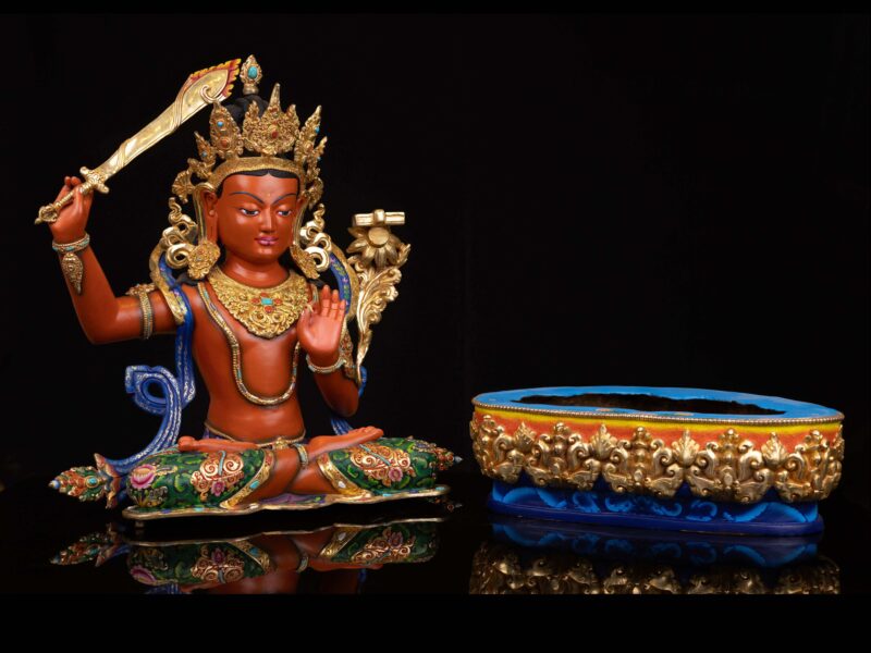 Manjushri: Buddhist Handmade Statue with Half Gold Plating and Thangka Color Finishing - Image 2