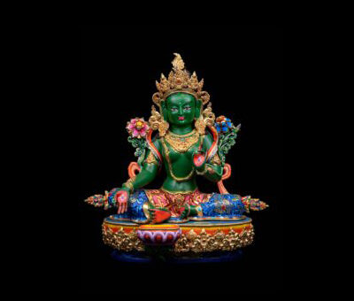 Green Tara: Buddhist Handmade Statue with Half Gold Plating and Thangka Color Finishing