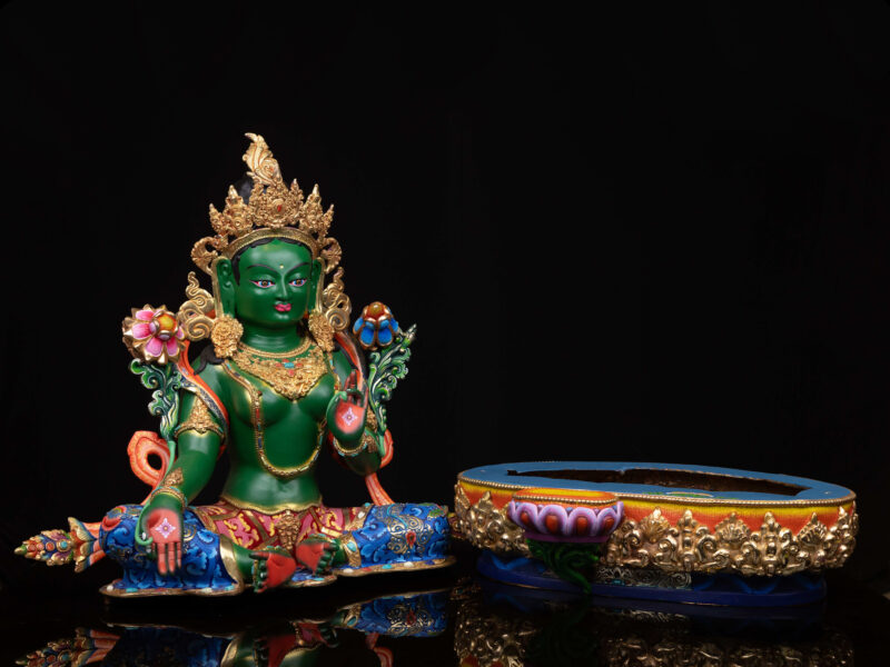 Green Tara: Buddhist Handmade Statue with Half Gold Plating and Thangka Color Finishing - Image 3
