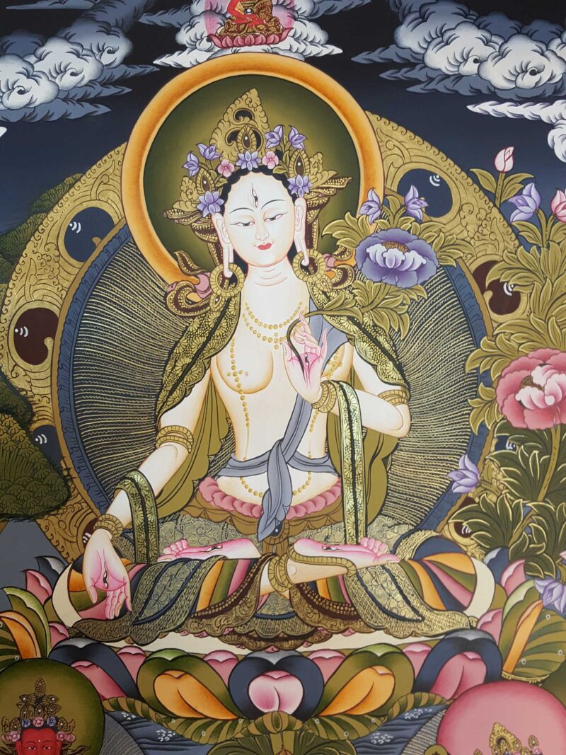 Tibetan Thangka of White Tara – Healing Thangka in Real Gold and Tibetan Colors - Image 5