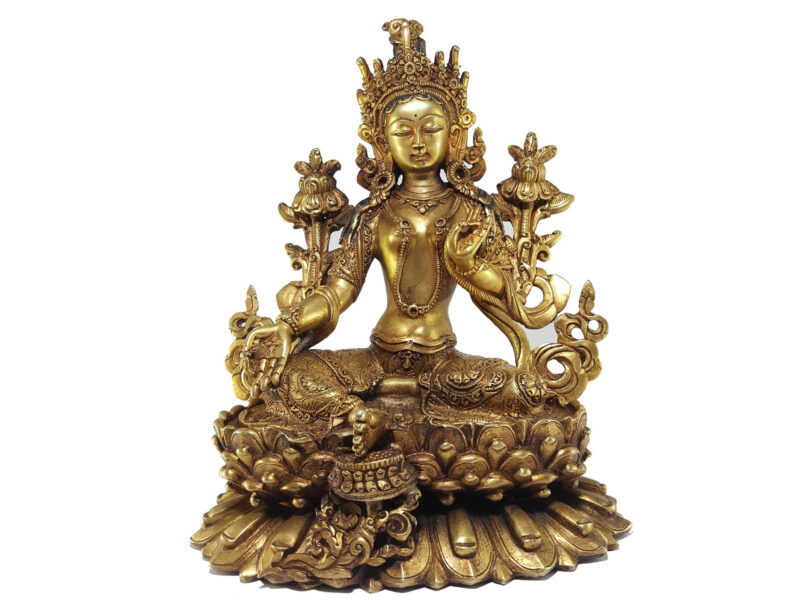 Green Tara Statue – Full Gold Plated with Antique Finishing and Double Lotus Base